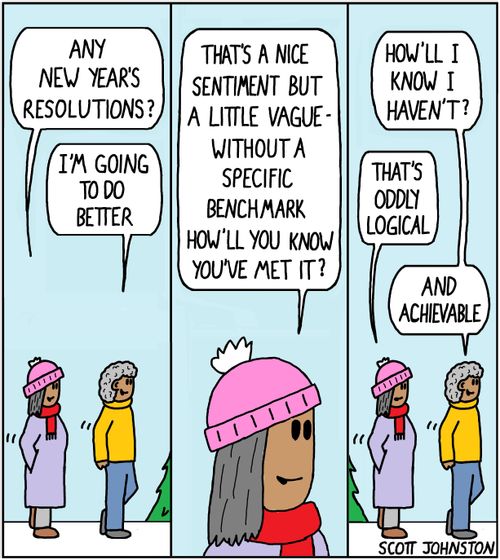 "Any New Year's resolutions?"   "I'm going to do better."   "That's a nice sentiment but a little vague. Without a specific benchmark how'll you know you've met it?"   "How'll I know I haven't?"   "That's oddly logical."   "And achievable."