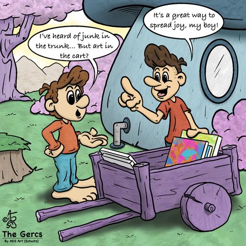 "I've heard of junk in the trunk... But art in the cart?" "It's a great way to spread joy, my boy!"