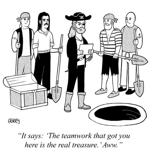 "It says: 'The teamwork that got you here is the real treasure.' Aww."