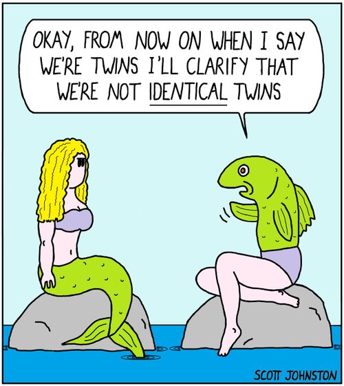 "Okay, from now on when I say we're twins I'll clarify that we're not identical twins."