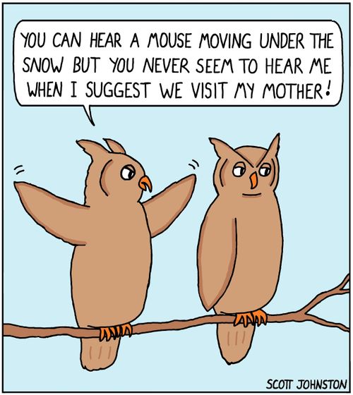 "You can hear a mouse moving under the snow but you never seem to hear me when I suggest we visit my mother!"