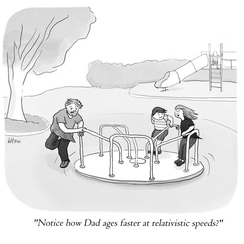 "Notice how Dad ages faster at relativistic speeds?"