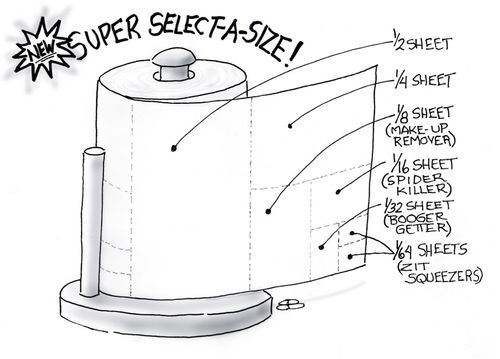 "New super select-a-size! 1/2 sheet, 1/4 sheet, 1/8 sheet (make-up remover), 1/16 sheet (spider killer), 1/32 sheet (booger getter), 1/64 sheets (zit squeezers)."