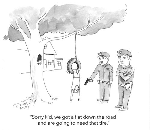 "Sorry kid, we got a flat down the road and are going to need that tire."