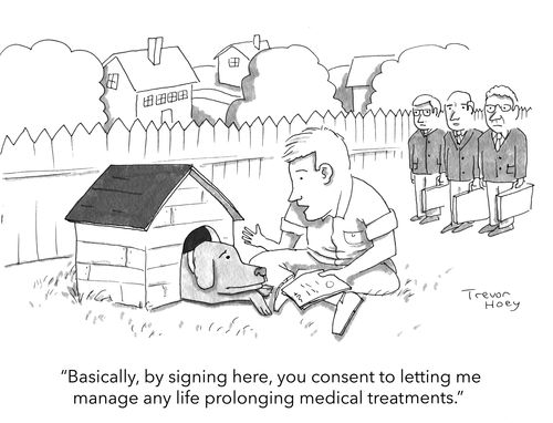 "Basically, by signing here, you consent to letting me manage any life prolonging medical treatments."