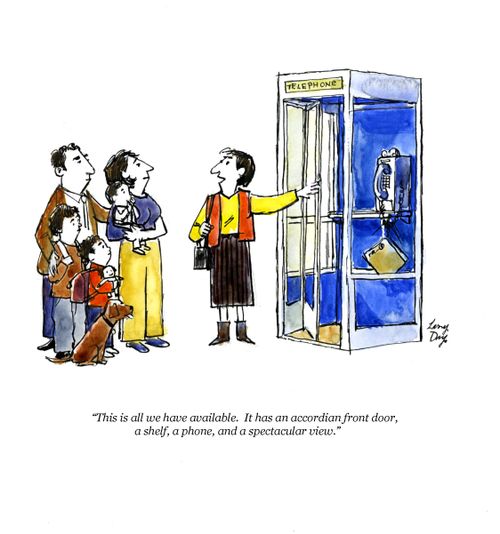"This is all we have available. It has an accordian front door, a shelf, a phone, and a spectacular view."