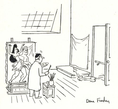An artist paints a man abducting a nude model.