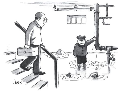 A plumber heads down to a basement to find a boy with his finger in the pipe.