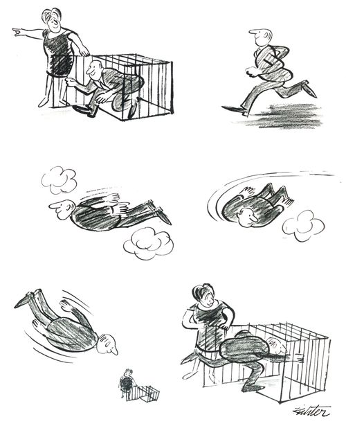 A man is set free from a cage, flies around and then returns.