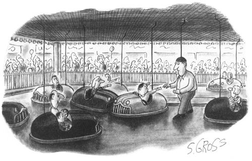 A electrically-powered man checks tickets on the bumper cars.