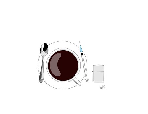 A cup of coffee is paired with an injection needle and a lighter.
