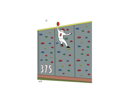An outfielder catches a potential home run on a rock wall.
