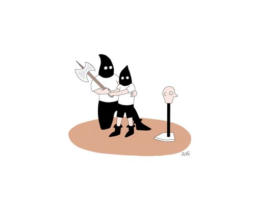 An executioner practices beheading with his son on a tee-ball.