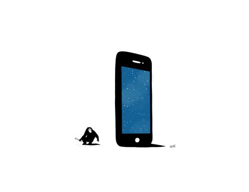 An ape encounters a giant smartphone.