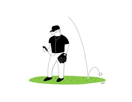 A baseball player is too busy checking his smartphone to catch a ball.