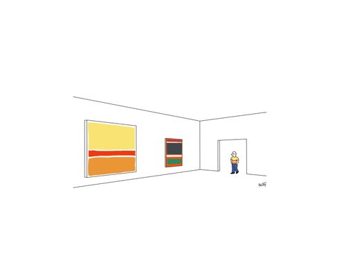 A man walks into a modern art museum, where a painting matches his shirt.