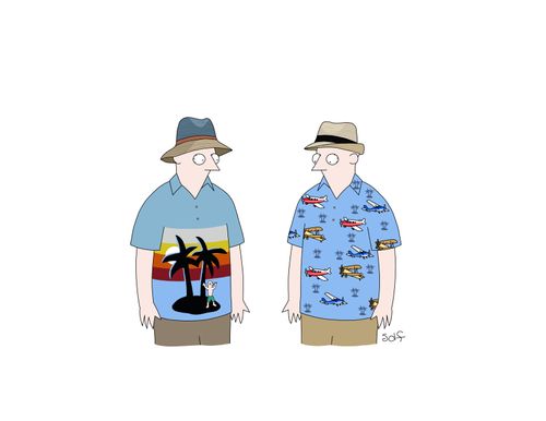 A man with a desert island on his shirt meets a man with planes on his shirt.
