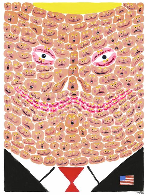 Donald Trump is formed out of outraged faces.