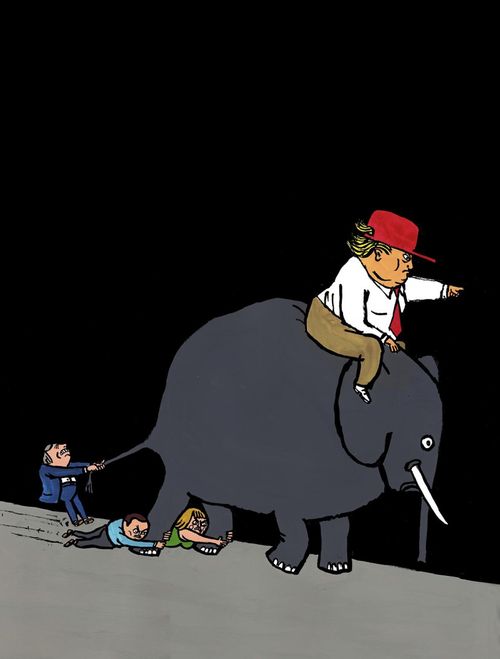 Donald Trump leads the Republican party as several people try to hold the Republican elephant back.