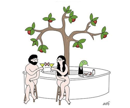 Adam and Eve toast next to a serpent bartender.