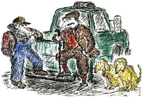 Two men and dogs hang outside a truck.