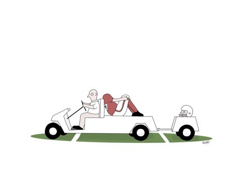 A man drives a medical cart across a football field carrying a football player's headless body as well as his head.