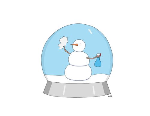 A snowman uses a window cleaning spray to clean the glass.