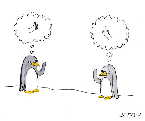 Two penguins gesture at each other