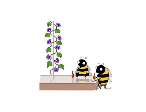 A pair of bees watch flowers on a pole.