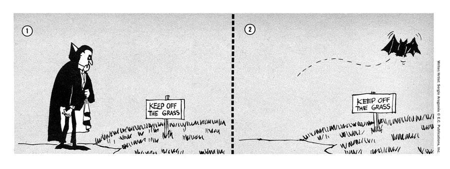 Vampire sees 'keep off the grass sign' so turns into bat and flies.