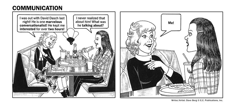 Lady praises date for being a good conversationalist.