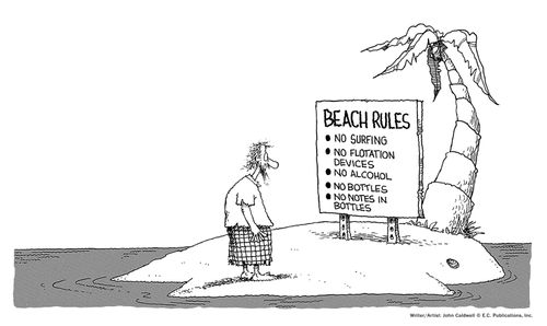 Man stranded on desert island reads 'beach rules' sign.