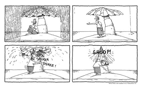 Man stranded on a desert island shakes out palm tree umbrella.