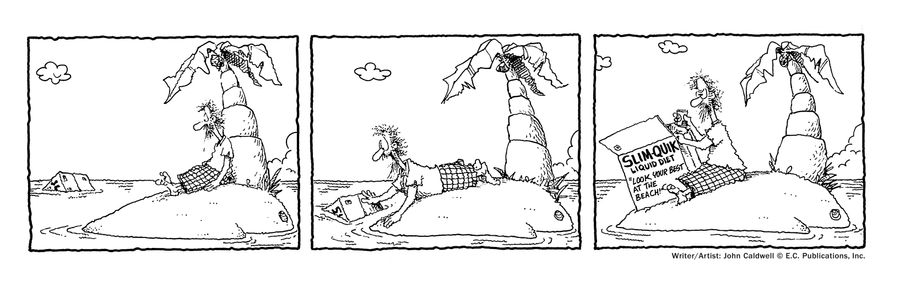 Slim-quik liquid diet box floats up to man stranded on a desert island.