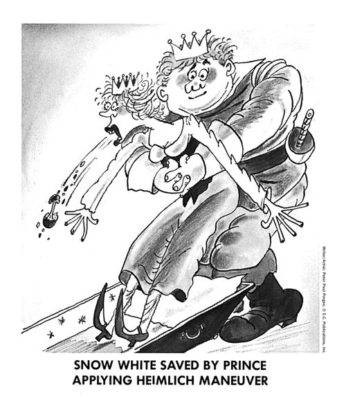 Snow White saved by prince applying Heimlich Maneuver.