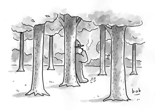 A bear wearing a park ranger hat leans against a tree and smokes.