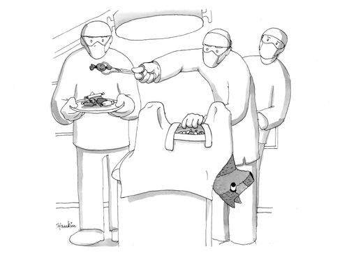 Three surgeons operate on a piñata.