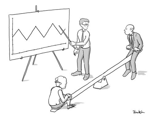 A man and a woman sit on a seesaw looking at a graph.