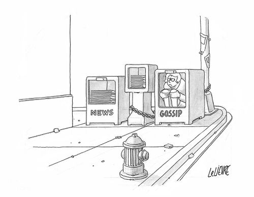 A woman waits in a "Gossip" stand