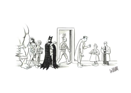 Superheroes queue for medicine.