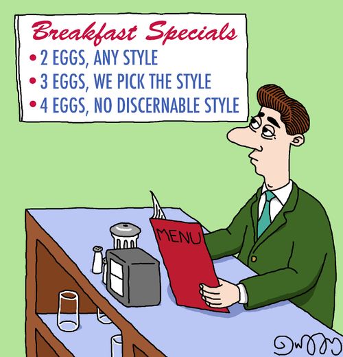 "4 eggs, no discernable style."
