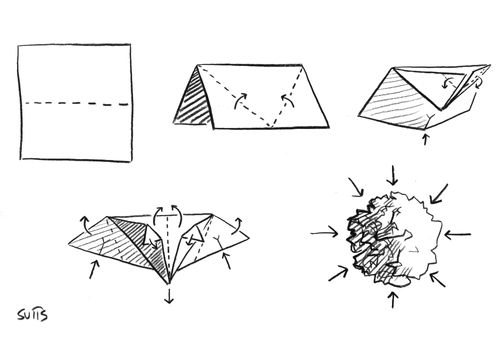 Paper being carefully folded until it resembles a scrunched up paper ball.