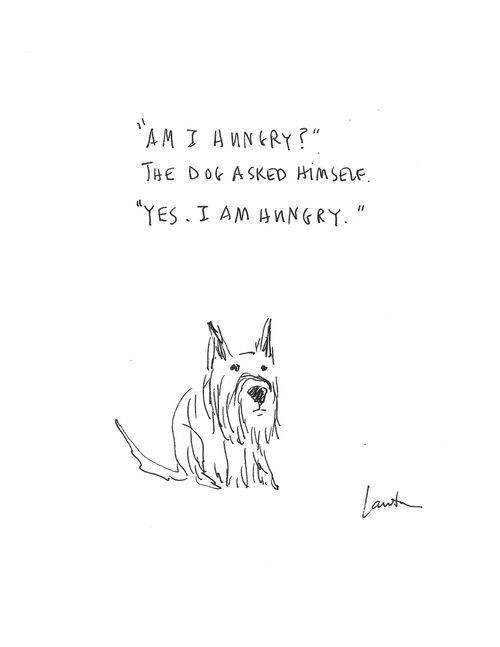 "Am I hungry?" The dog asked himself. "Yes. I am hungry."