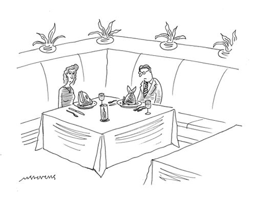 A man and a woman on a date have a fish head and tail for dinner.