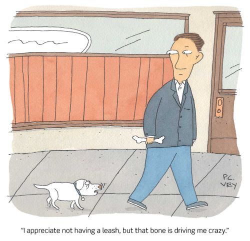 "I appreciate not having a leash, but that bone is driving me crazy."