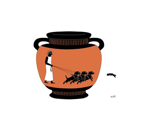 Grecian urn with three dogs chasing a squirrel.
