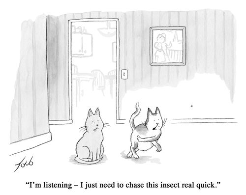 "I'm listening - I just need to chase this insect real quick."