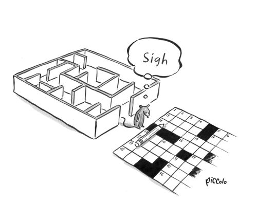A mouse looks at a crossword puzzle and sighs