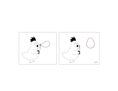 A chicken blows a bubble
