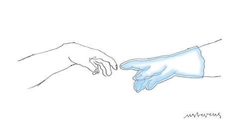 Holding hands wearing latex gloves.